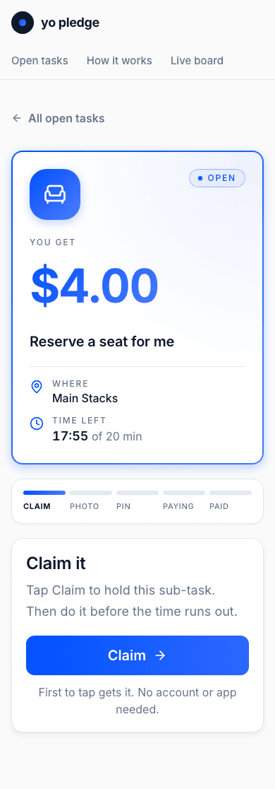The claim page on a phone: Pay $4.00, Reserve a seat for me, Main Stacks, and a Claim button.