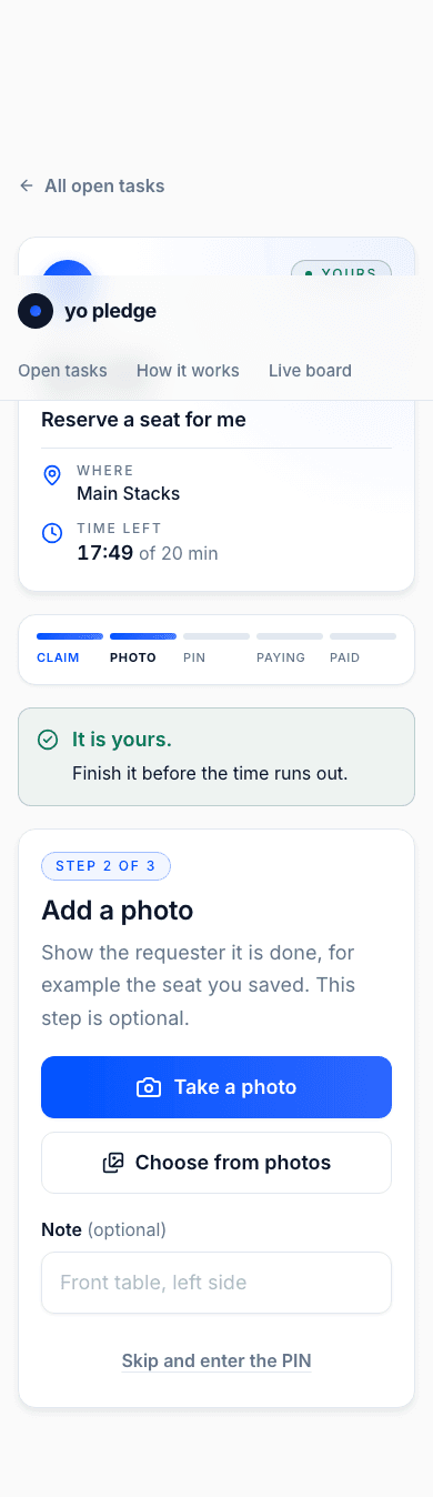 The claim page after claiming: It is yours, with a Take a photo button.