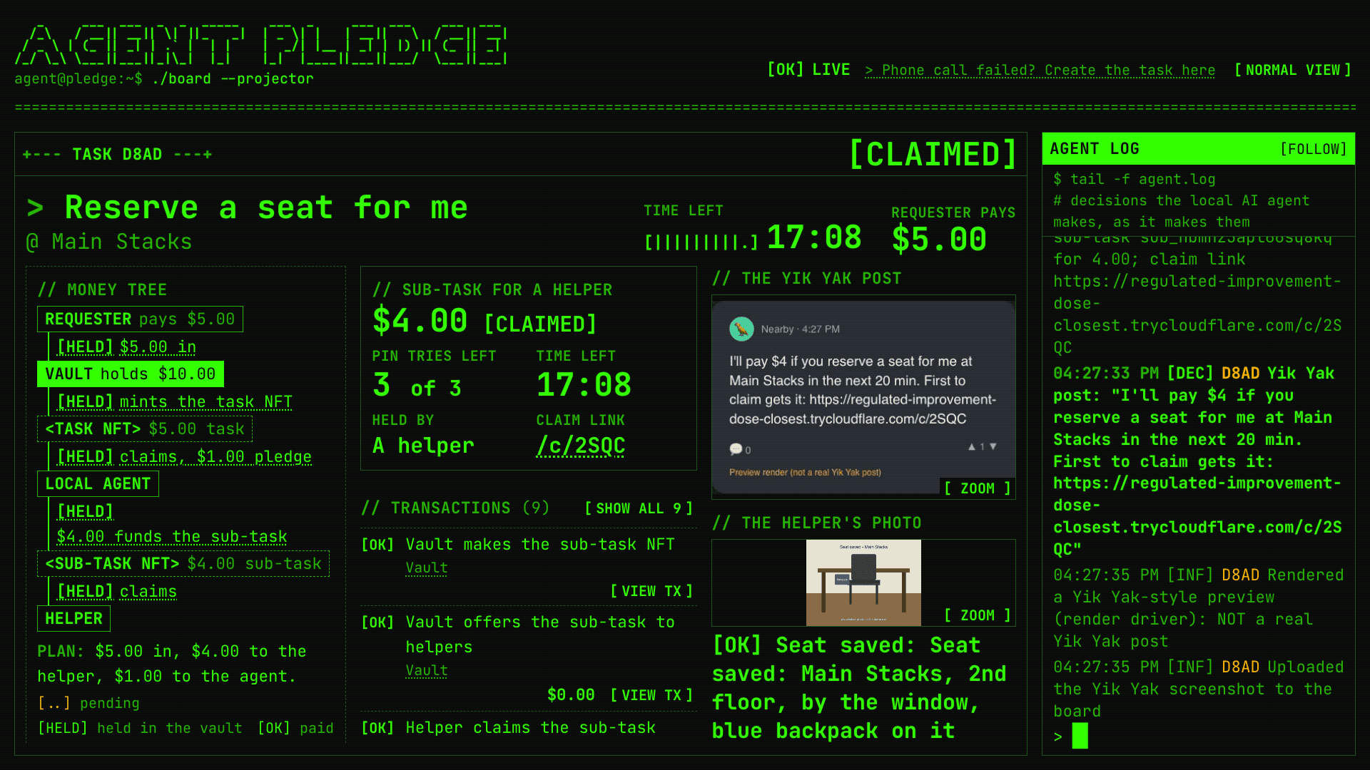 The board in big-screen mode showing the helper's photo and note.
