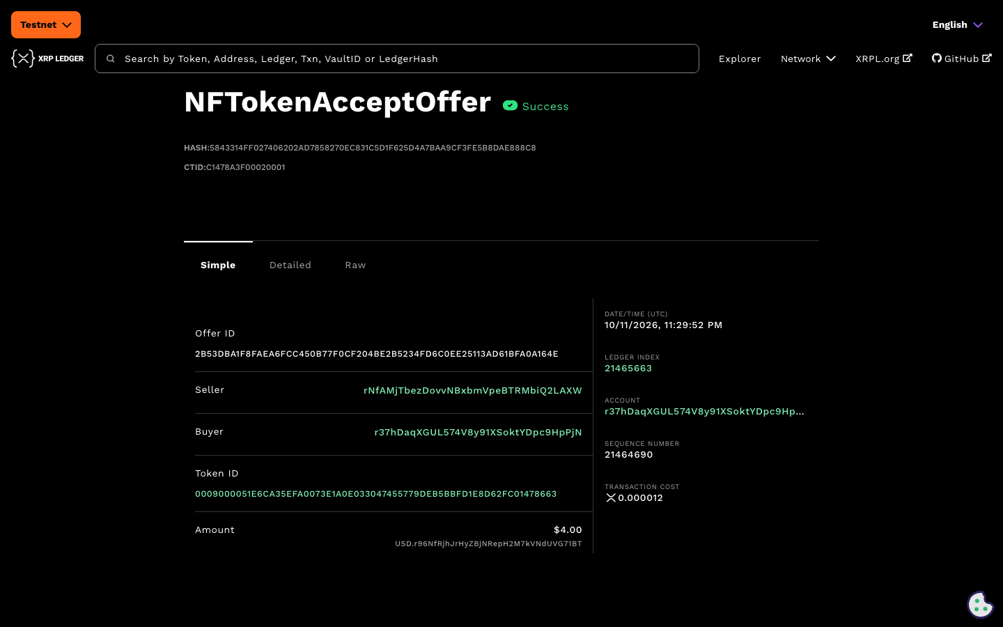 The XRPL testnet explorer page for the helper payout transaction.