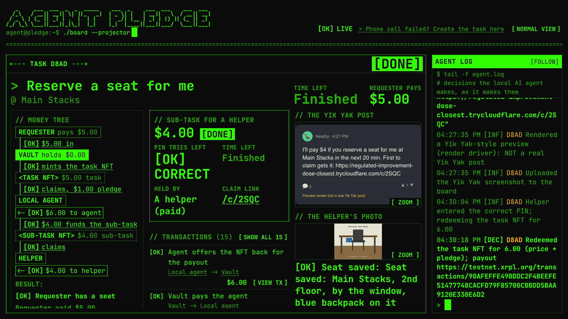 The board in big-screen mode after payout, with the PIN marked correct.
